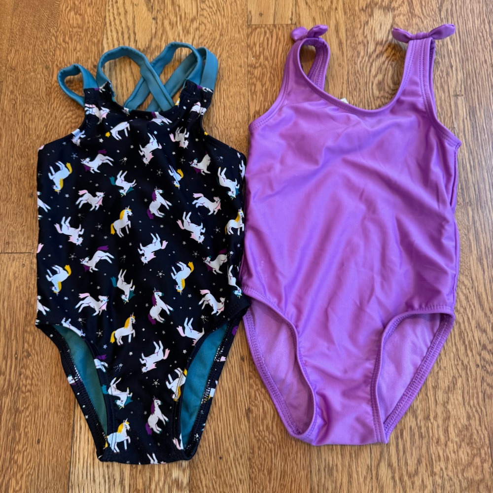 Lot of 2 Cat & Jack swimsuits size 18 mo teal unicorn & purple one piece swim